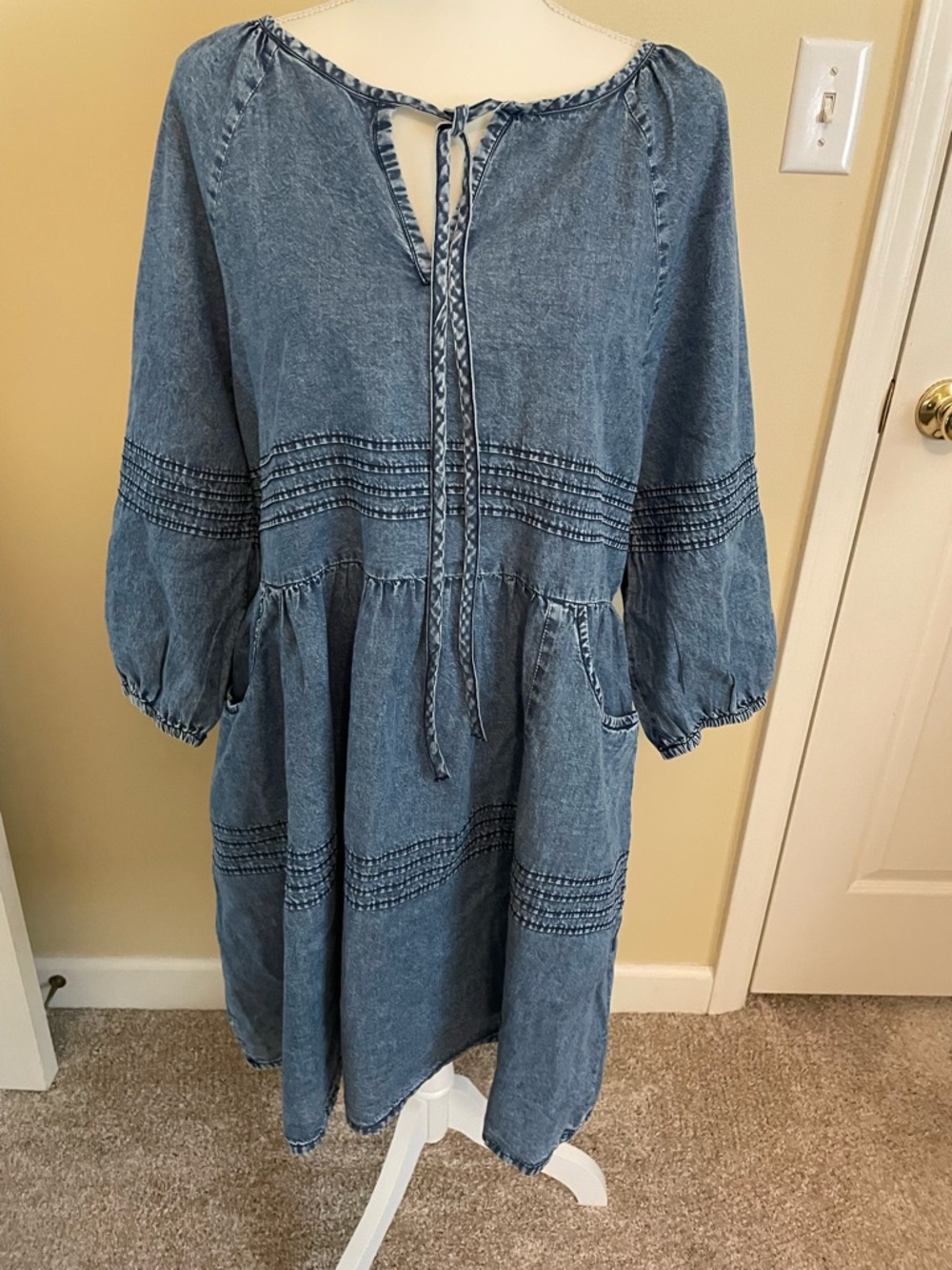 Denim Peasant Dress with Smocked Detail